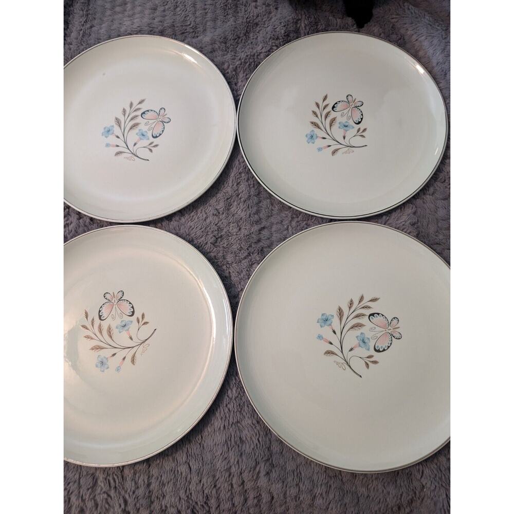 Ballerina Mist Light Green Floral Butterfly Dinner Plates Gold 10" Lot 4 EUC MCM